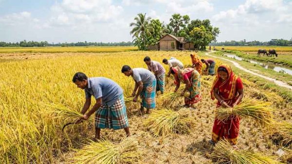 ধান শ্রমিকের অভাবে ফকিরহাটে বিপর্যয়ে চাষিরা